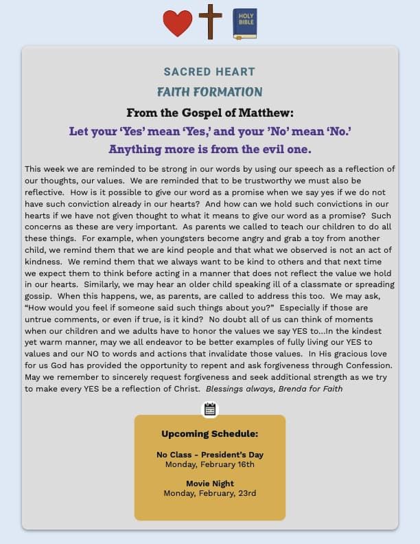 Sacred Heart's Faith Formation News