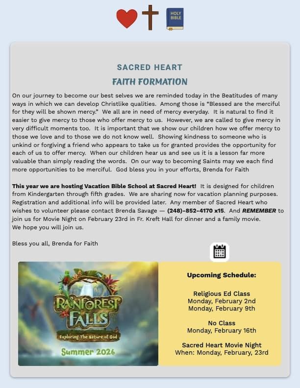 Sacred Heart's Faith Formation News