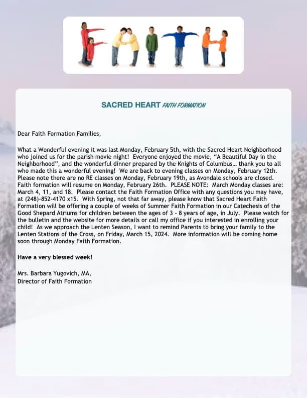 Sacred Heart's Religious Ed Program Weekly News