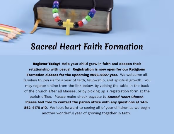 Sacred Heart's 2026-2027 Faith Formation Program Registration