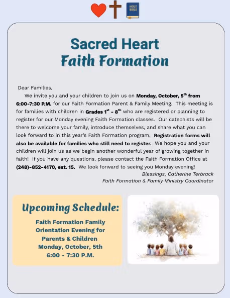 Sacred Heart's 2026-2027 Faith Formation News