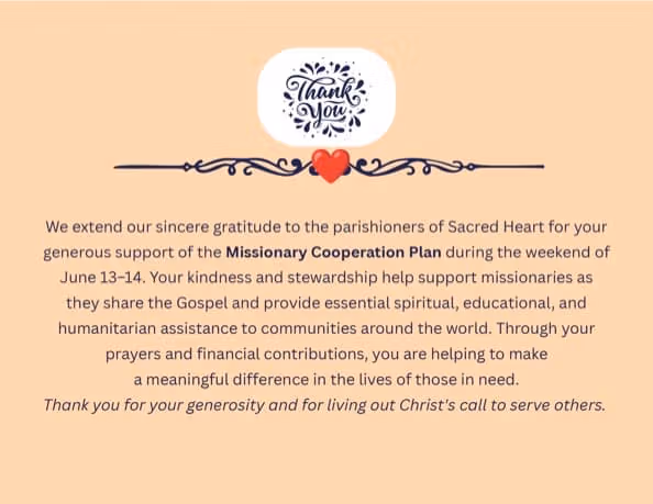 Sacred Heart's Missionary Co-Op Appeal Thank You Message